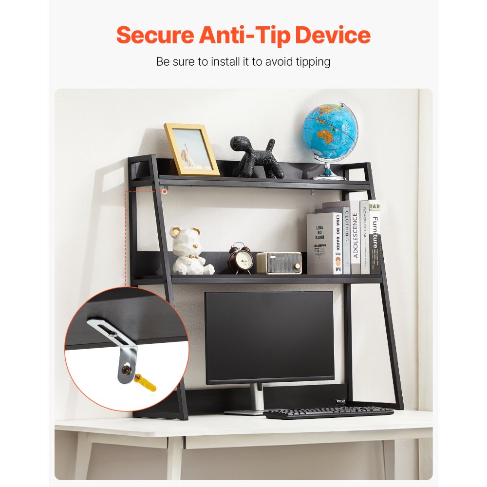 VEVOR Desktop Bookshelf, 2-Tier Desktop Storage Organizer, 37.4" x 12.6" x 35.4" Office Desk Storage Rack Display Shelf, Desktop Bookshelf Hutch with Anti-Slip Feet Pads, for Office, Home & Dorm, Black