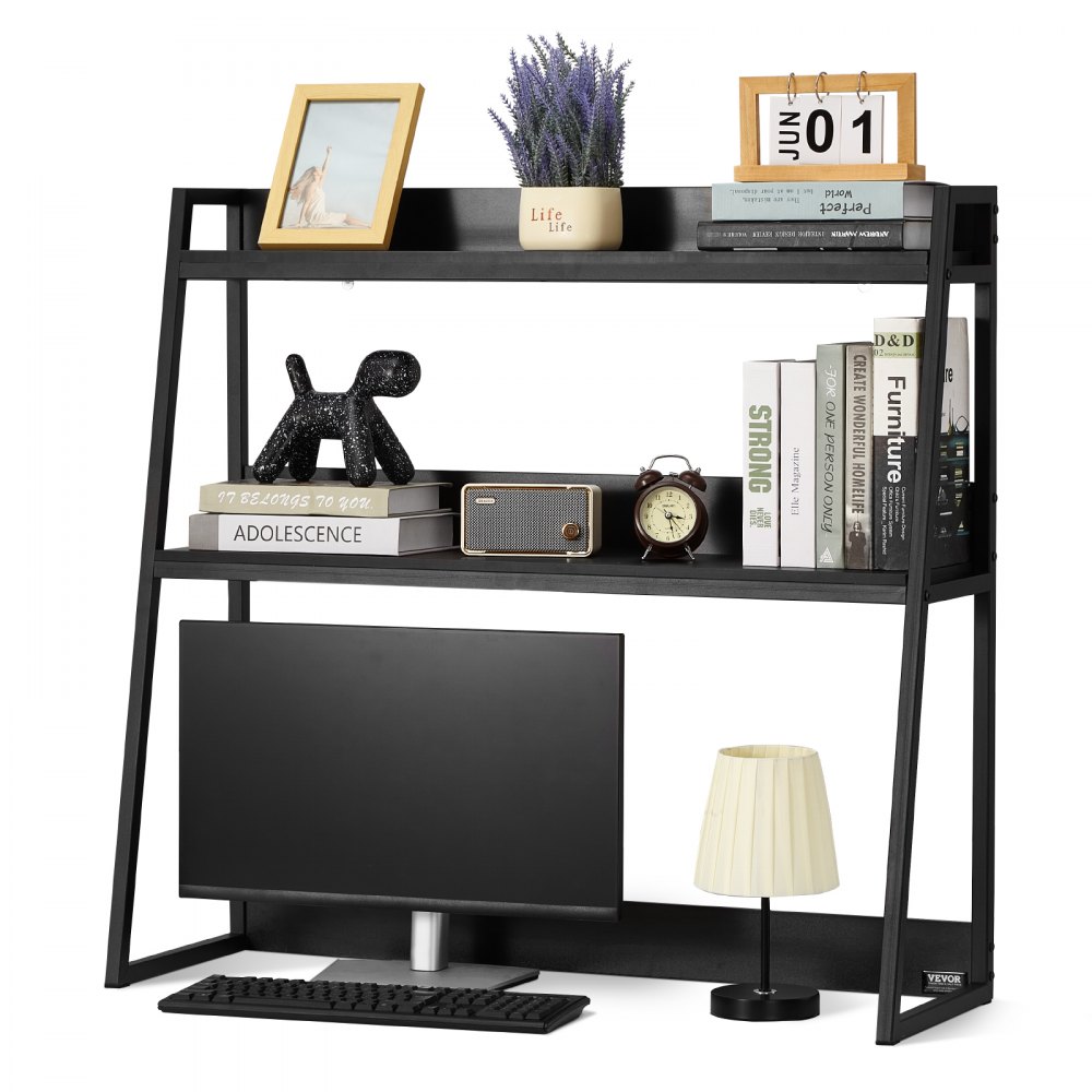 VEVOR Desktop Bookshelf, 2-Tier Desktop Storage Organizer, 37.4" x 12.6" x 35.4" Office Desk Storage Rack Display Shelf, Desktop Bookshelf Hutch with Anti-Slip Feet Pads, for Office, Home & Dorm, Black