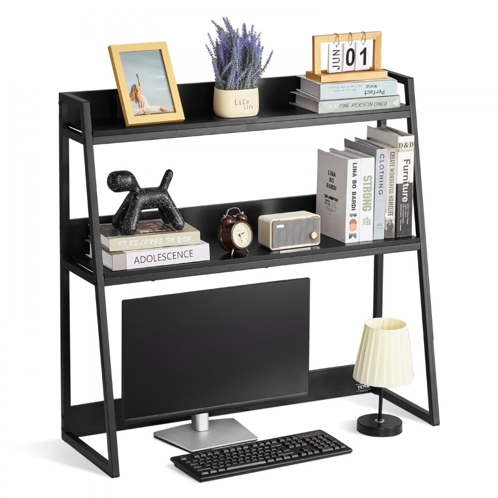 VEVOR Desktop Bookshelf, 2-Tier Desktop Storage Organizer, 37.4" x 12.6" x 35.4" Office Desk Storage Rack Display Shelf, Desktop Bookshelf Hutch with Anti-Slip Feet Pads, for Office, Home & Dorm, Black