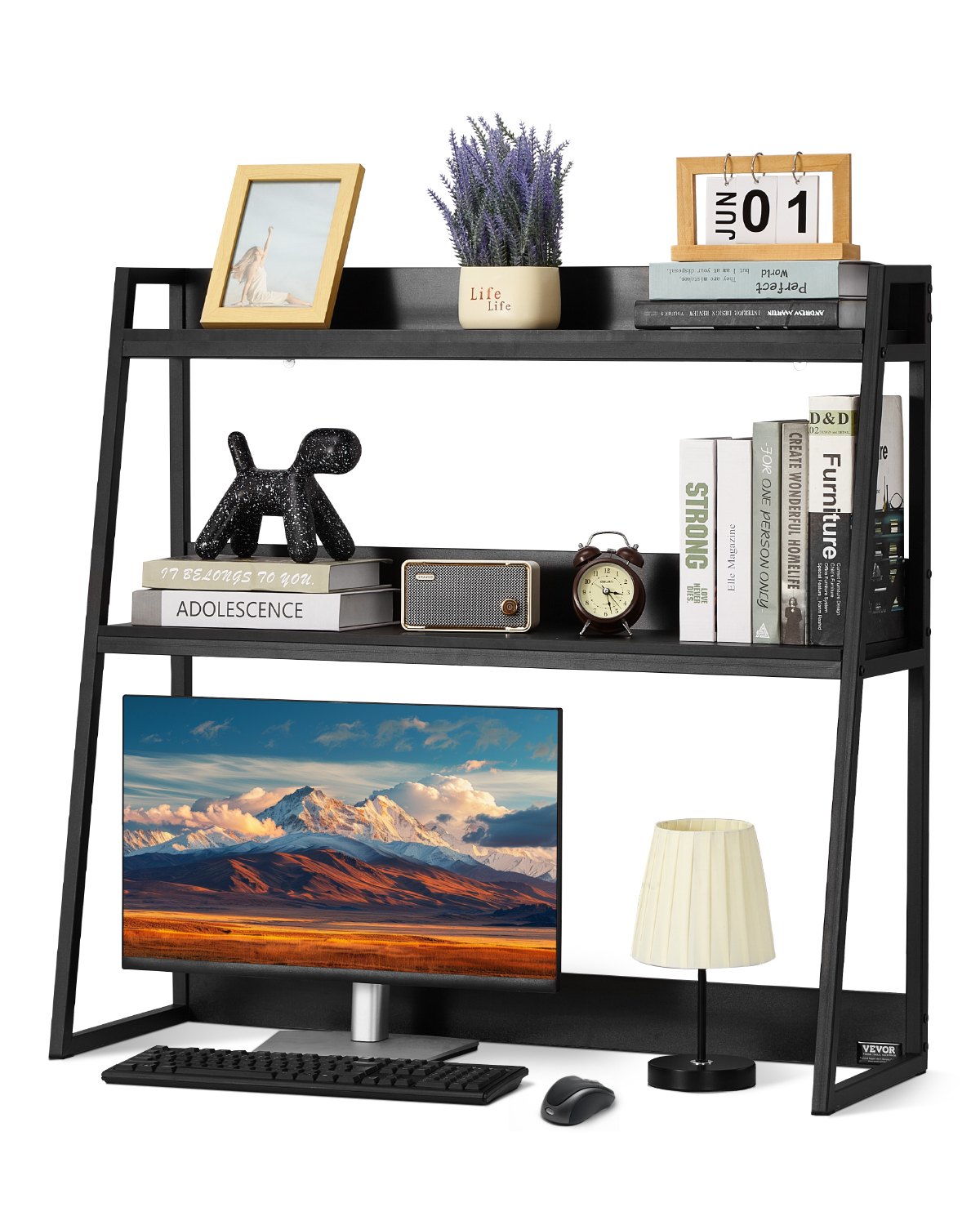 VEVOR Desktop Bookshelf, 2-Tier Desktop Storage Organizer, 37.4" x 12.6" x 35.4" Office Desk Storage Rack Display Shelf, Desktop Bookshelf Hutch with Anti-Slip Feet Pads, for Office, Home & Dorm, Black