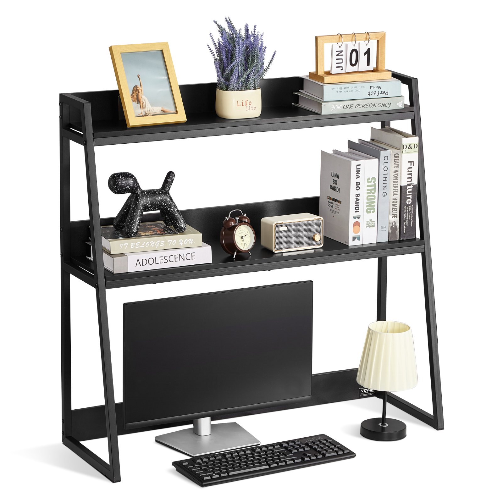 VEVOR Desktop Bookshelf, 2-Tier Desktop Storage Organizer, 37.4" x 12.6" x 35.4" Office Desk Storage Rack Display Shelf, Desktop Bookshelf Hutch with Anti-Slip Feet Pads, for Office, Home & Dorm, Black