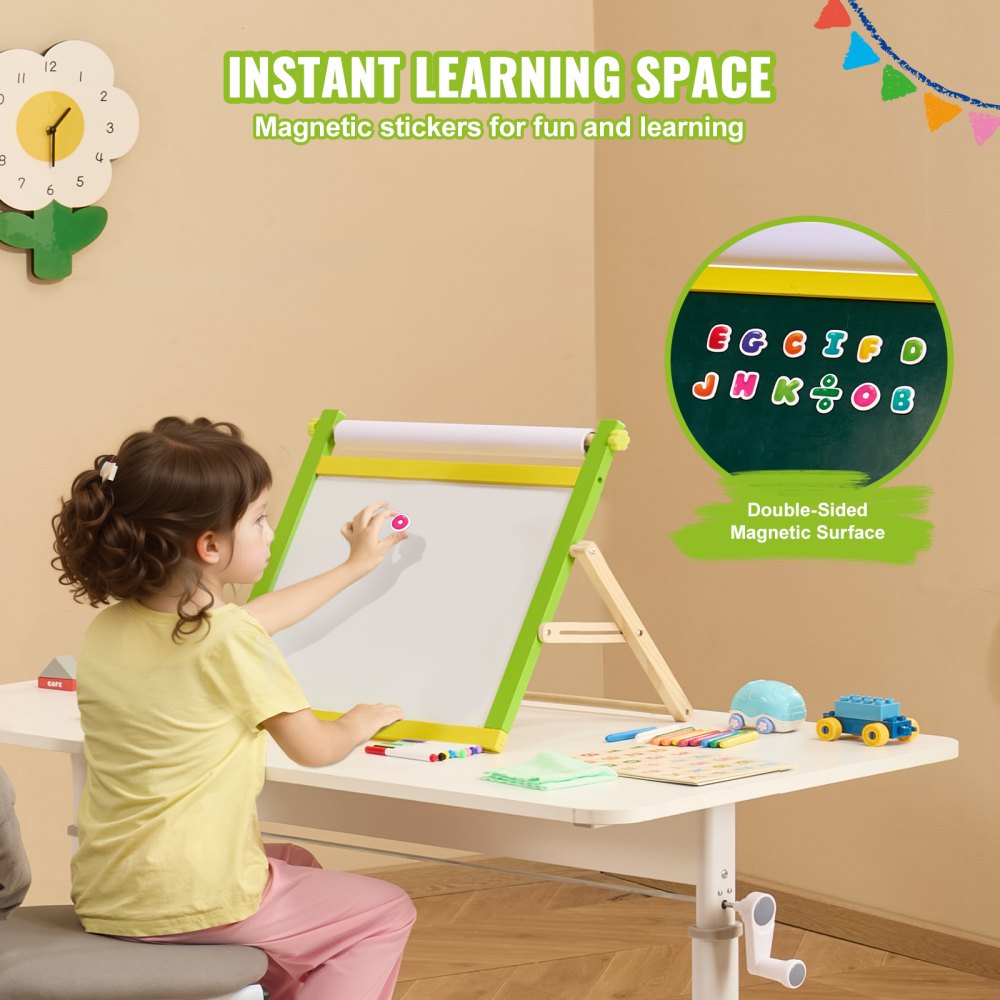 VEVOR Tabletop Art Easel for Kids, 3-in-1 Wooden Double-Sided Kid's Art Easel with Magnetic Whiteboard, Chalkboard, Paper Roll, Foldable Portable Drawing Board with Painting Accessories for Boys Girls