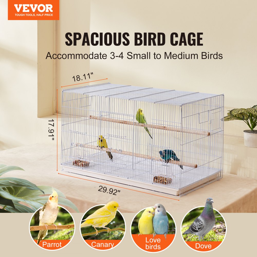 VEVOR Bird Cage, 18 in, Small Parakeet Cage, Sturdy Metal Bird Flight Cage, Travel Birdcage with 2 Perches & 2 Feeding Cups, Parrot Cage for Canaries Lovebirds Cockatiels Budgie Pet Toy, White