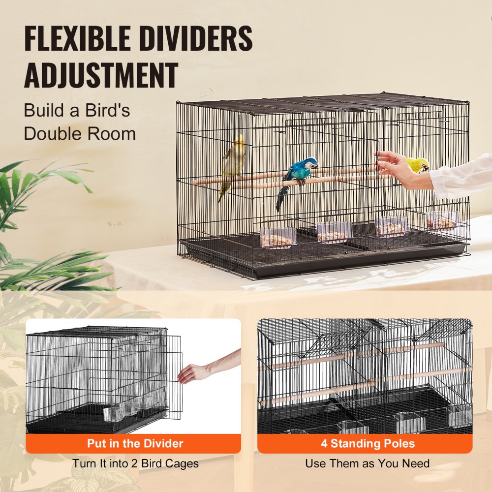 VEVOR Bird Cage, 18 in, Small Parakeet Cage with Divider, Sturdy Metal Bird Flight Cage, Travel Birdcage with 5 Perches & 4 Feeding Cups, Parrot Cage for Canaries Lovebirds Cockatiels Budgie, Black