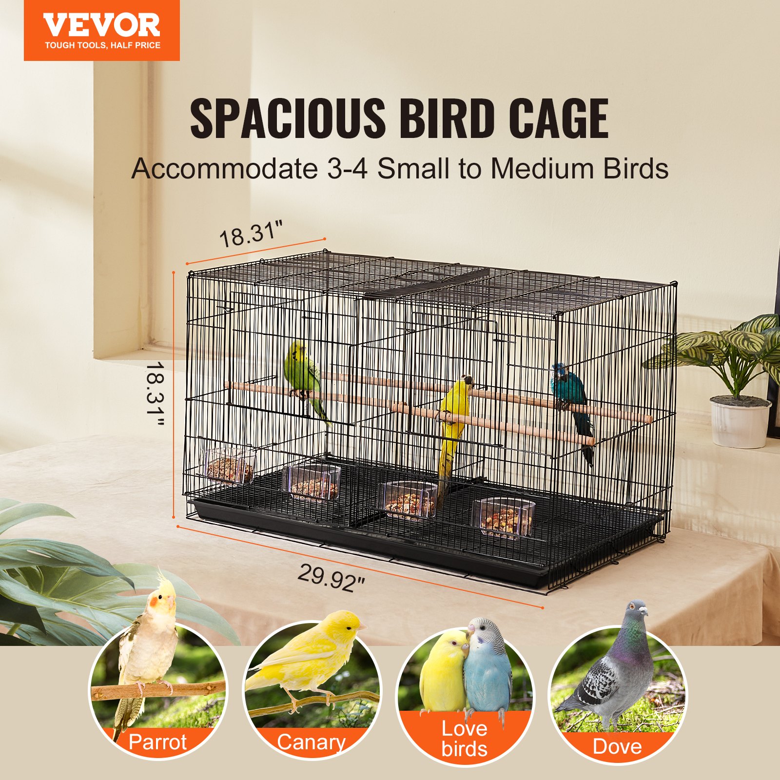 VEVOR Bird Cage, 18 in, Small Parakeet Cage with Divider, Sturdy Metal Bird Flight Cage, Travel Birdcage with 5 Perches & 4 Feeding Cups, Parrot Cage for Canaries Lovebirds Cockatiels Budgie, Black
