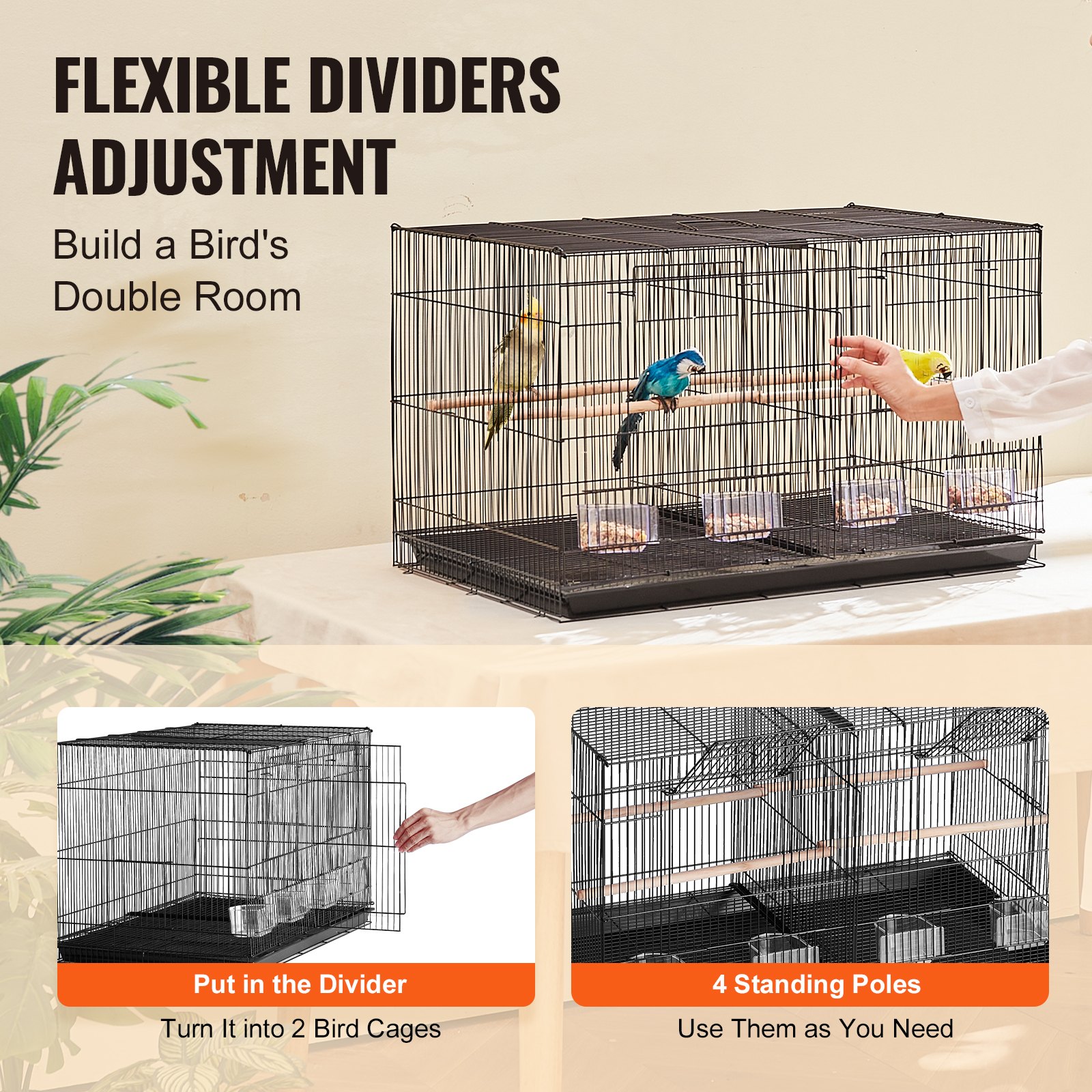 VEVOR Bird Cage, 18 in, Small Parakeet Cage with Divider, Sturdy Metal Bird Flight Cage, Travel Birdcage with 5 Perches & 4 Feeding Cups, Parrot Cage for Canaries Lovebirds Cockatiels Budgie, Black