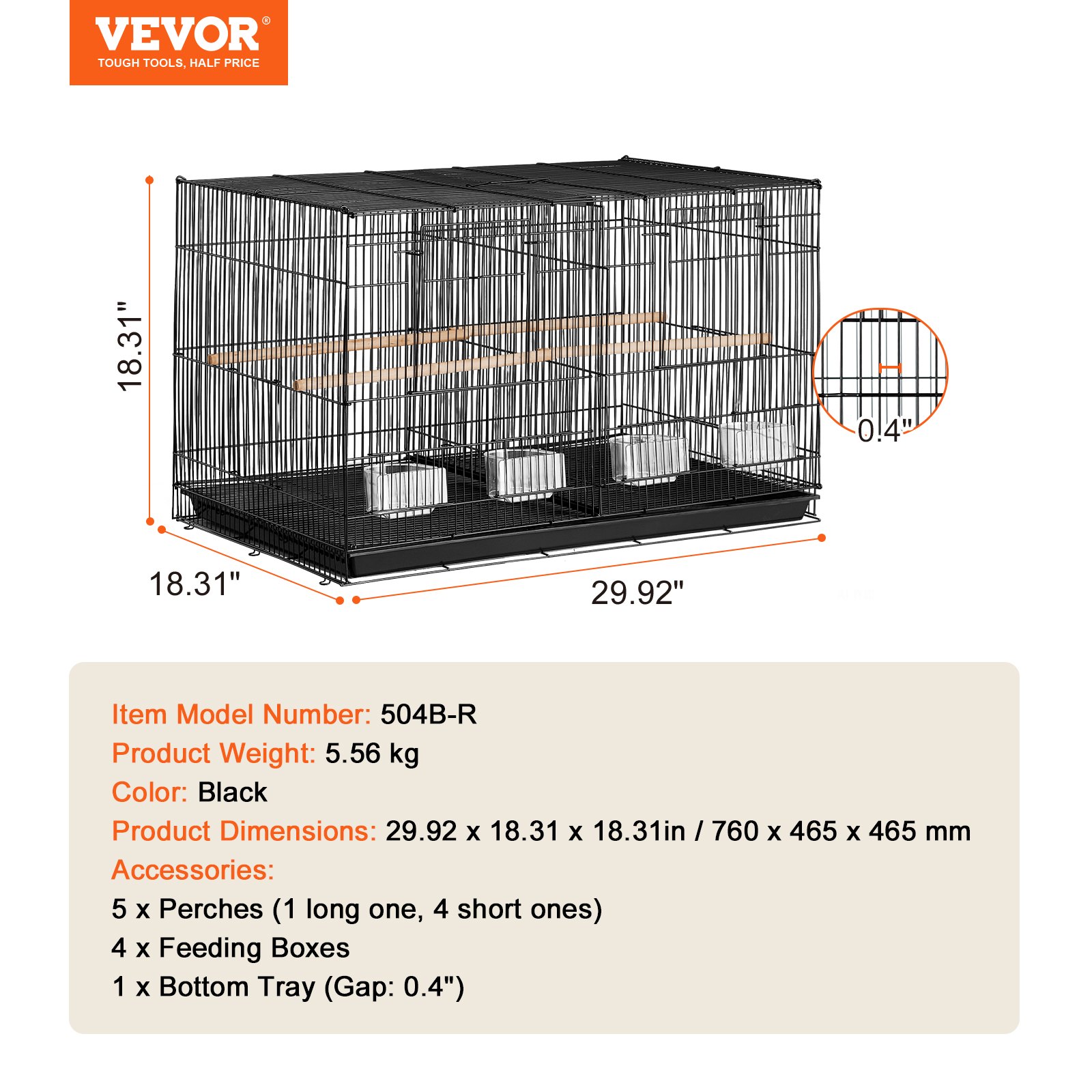 VEVOR Bird Cage, 18 in, Small Parakeet Cage with Divider, Sturdy Metal Bird Flight Cage, Travel Birdcage with 5 Perches & 4 Feeding Cups, Parrot Cage for Canaries Lovebirds Cockatiels Budgie, Black