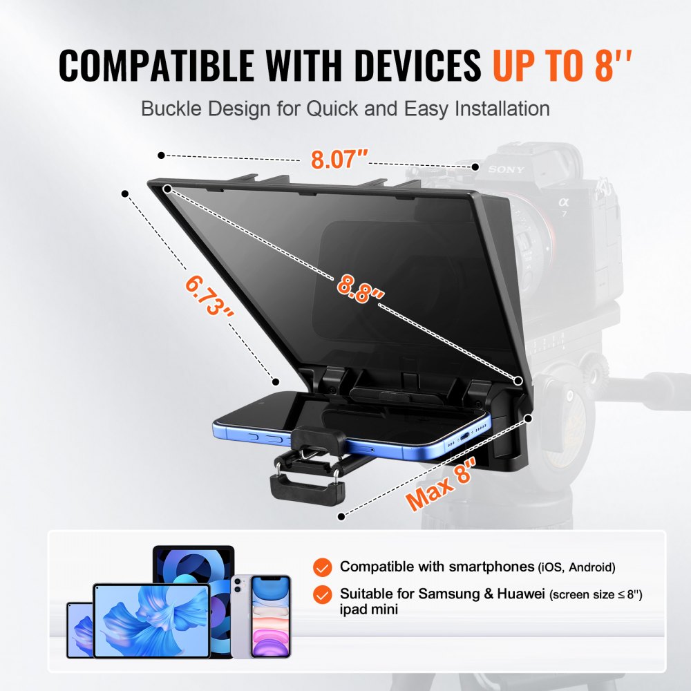 VEVOR Teleprompter, 8" Aluminum Alloy, Desktop Prompter with Adjustable Spectroscope, Remote Control, for YouTube, Twitch, Zoom, Supports DSLR/Webcam/Smartphone, for Video Recording/Live Streaming