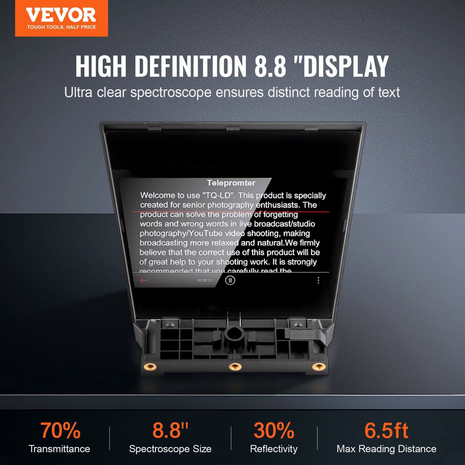 VEVOR Teleprompter, 8" Aluminum Alloy, Desktop Prompter with Adjustable Spectroscope, Remote Control, for YouTube, Twitch, Zoom, Supports DSLR/Webcam/Smartphone, for Video Recording/Live Streaming