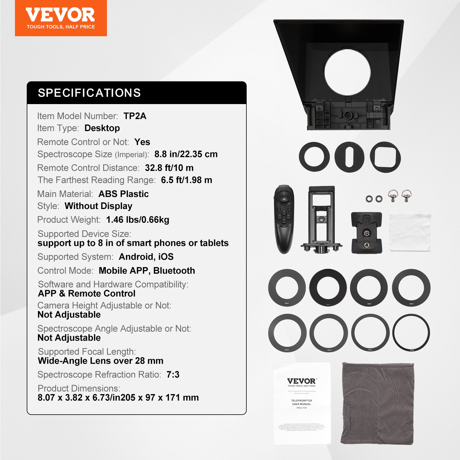 VEVOR Teleprompter, 8" Aluminum Alloy, Desktop Prompter with Adjustable Spectroscope, Remote Control, for YouTube, Twitch, Zoom, Supports DSLR/Webcam/Smartphone, for Video Recording/Live Streaming