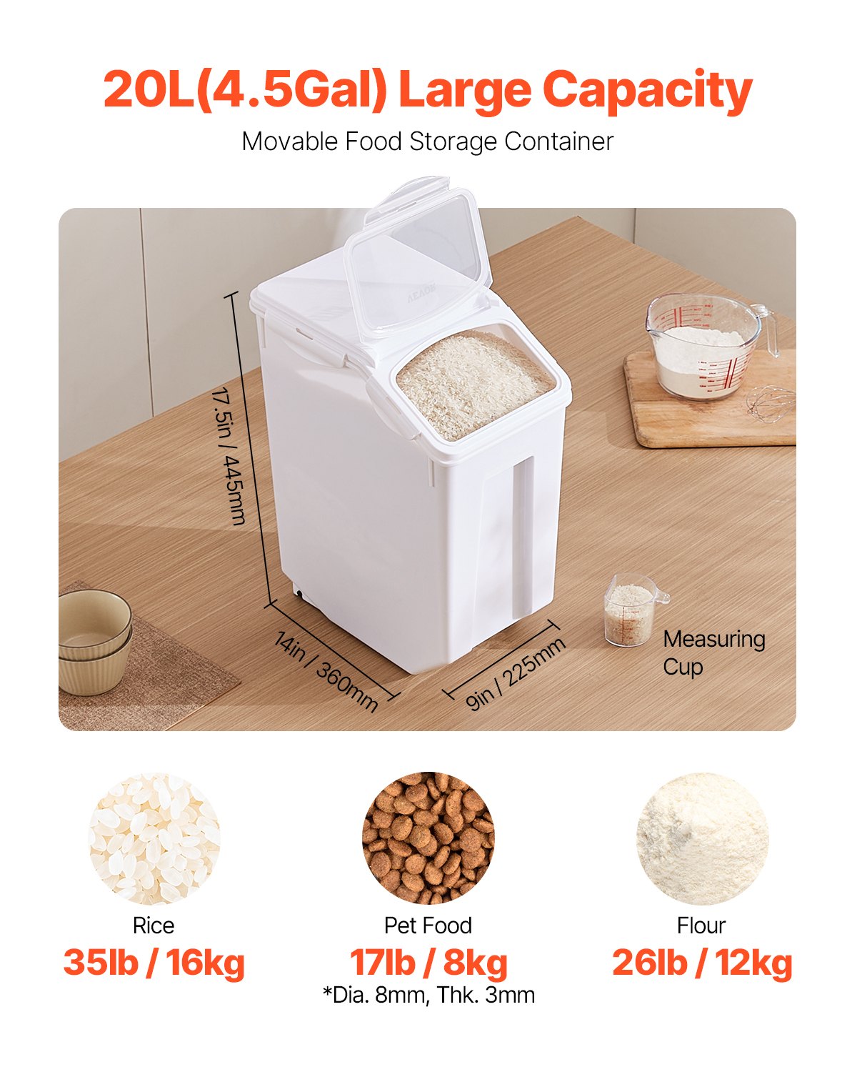VEVOR Rice Storage Container, 4.5Gallon/20L Capacity Large Dog Food Dispenser Bin, Kitchen Ingredient Grain Cereal Flour Bin, Pet food Containers with Wheels, Measuring Cup, Airtight Lid, 1 Pack