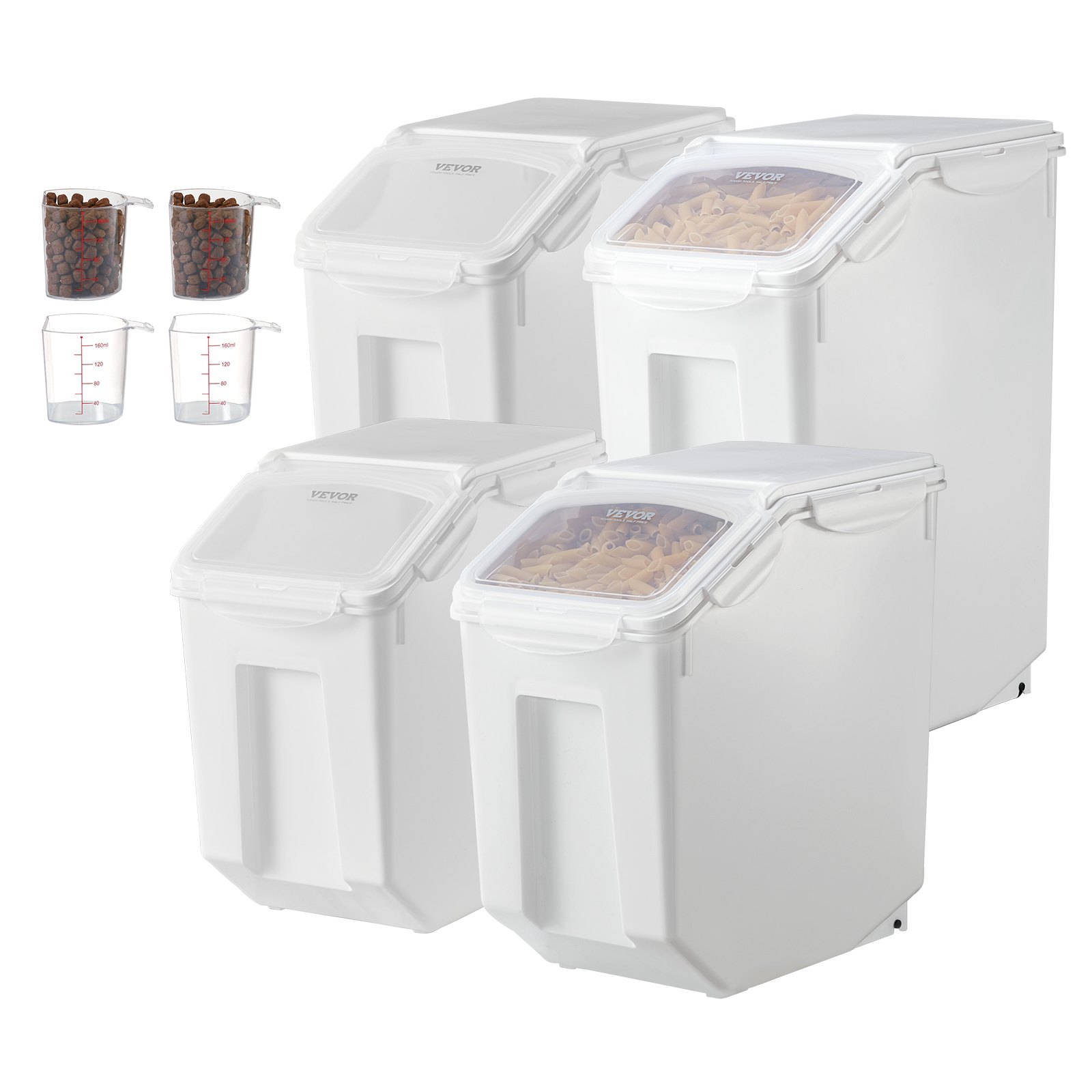 VEVOR Rice Storage Container, 3.5Gal/15Lx2 + 4.5Gal/20Lx2 Large Dog Food Dispenser Bin, Kitchen Ingredient Grain Cereal Bin, Pet food Containers with Wheels, 4 Measuring Cups, Airtight Lid, 4 Pack