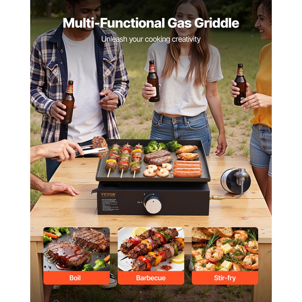 VEVOR Commercial Griddle, 16.9" Heavy Duty Manual Flat Top Griddle, Countertop Gas Grill with Non-Stick Cooking Plate, Steel Natural Gas Griddle, 2-Burners Restaurant Portable Grill -  22,000 BTU