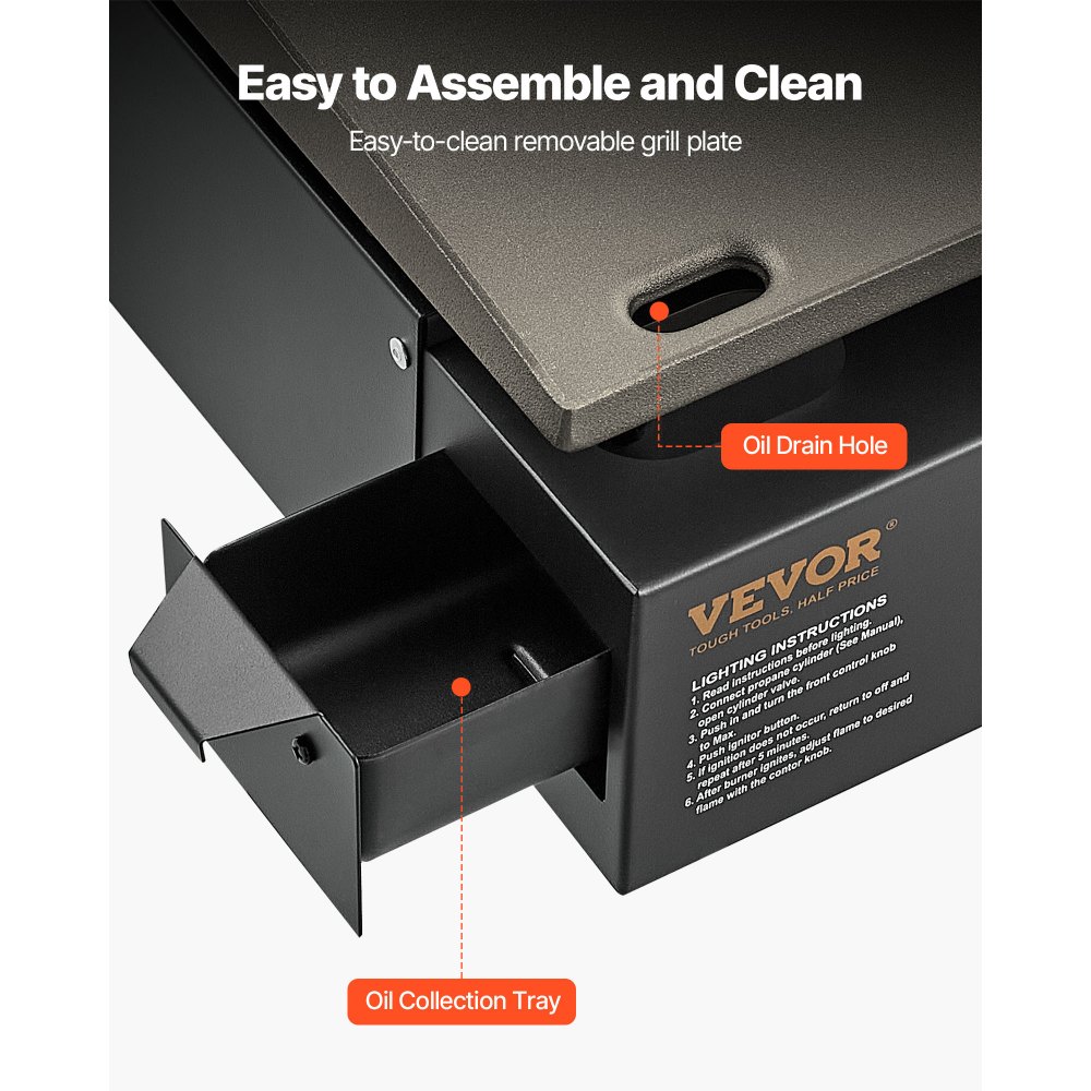 VEVOR Commercial Griddle, 16.9" Heavy Duty Manual Flat Top Griddle, Countertop Gas Grill with Non-Stick Cooking Plate, Steel Natural Gas Griddle, 2-Burners Restaurant Portable Grill -  22,000 BTU