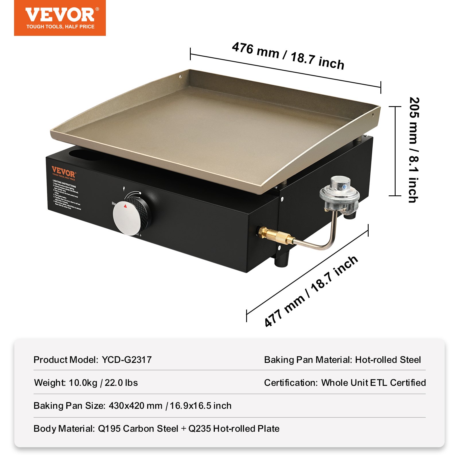 VEVOR Countertop Commercial Gas Griddle Flat Top Grill Hot Plate Restaurant