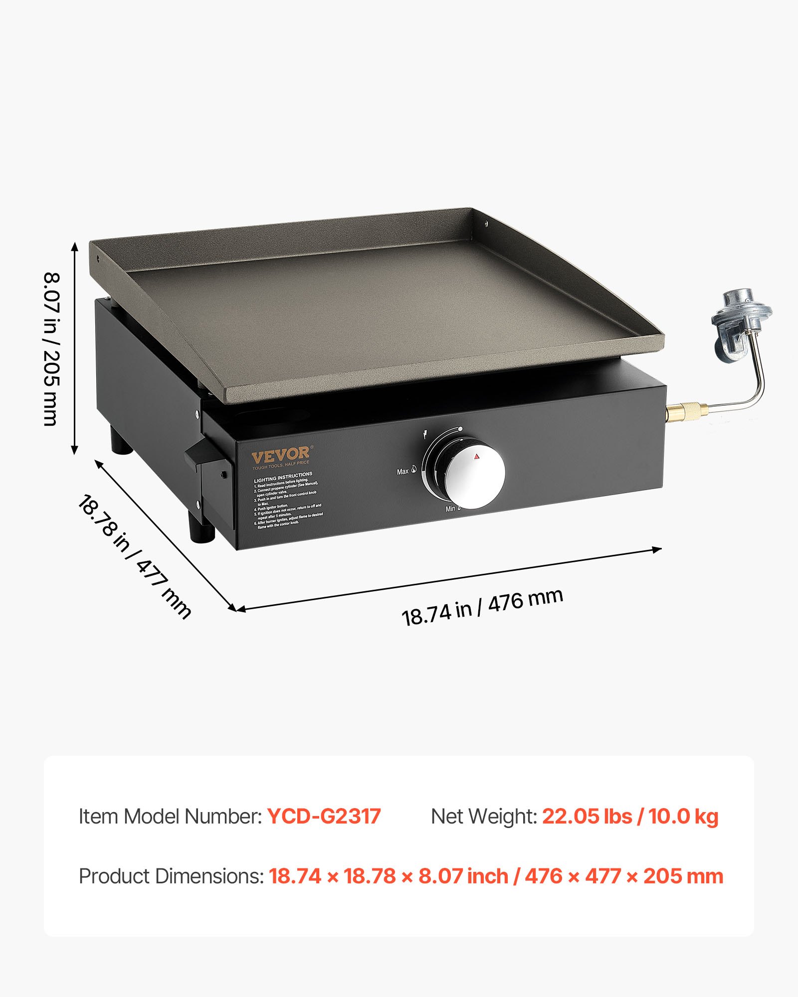 VEVOR Commercial Griddle, 16.9" Heavy Duty Manual Flat Top Griddle, Countertop Gas Grill with Non-Stick Cooking Plate, Steel Natural Gas Griddle, 2-Burners Restaurant Portable Grill -  22,000 BTU