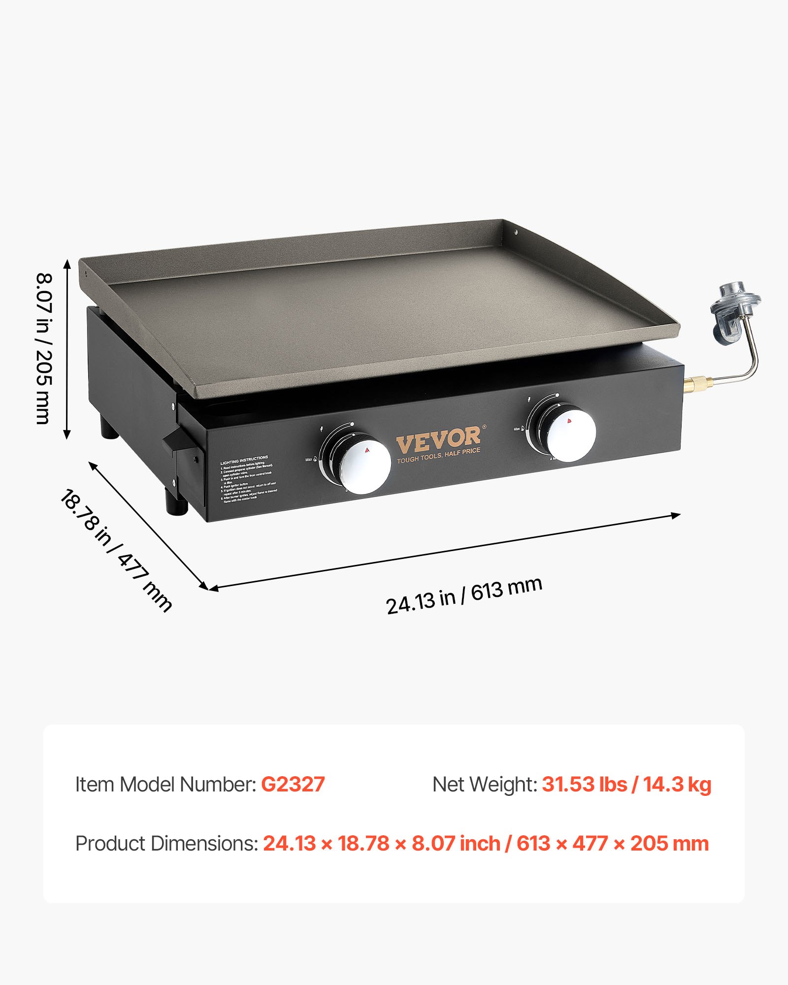 VEVOR Commercial Griddle, 22.4" Heavy Duty Manual Flat Top Griddle, Countertop Gas Grill with Non-Stick Cooking Plate, Steel Natural Gas Griddle, H-Shaped Burner Restaurant Portable Grill, 13,000 BTU