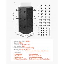 Rotating Pegboard Display 4-Sided Spinning Peg Board Display with 24 Hooks Black