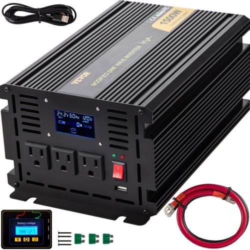 VEVOR Power Inverter, 1500W Modified Sine Wave Inverter, DC 24V to AC 120V Car Converter, with LCD Display, Remote Controller, LED Indicator, AC Outlets Inverter for Truck RV Car Boat Travel Camping