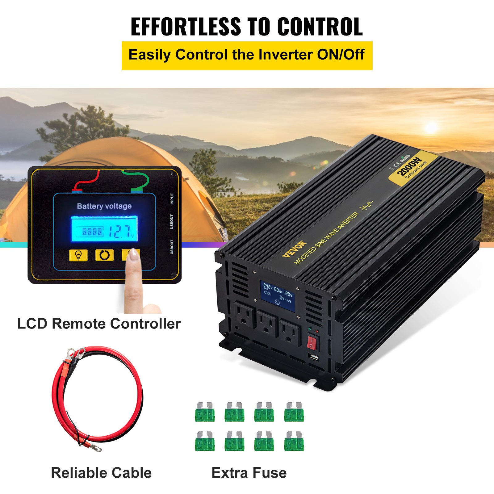 VEVOR Power Inverter, 2000W Modified Sine Wave Inverter, DC 12V to AC 120V Car Converter, with LCD Display, Remote Controller, LED Indicator, AC Outlets Inverter for Truck RV Car Boat Travel Camping