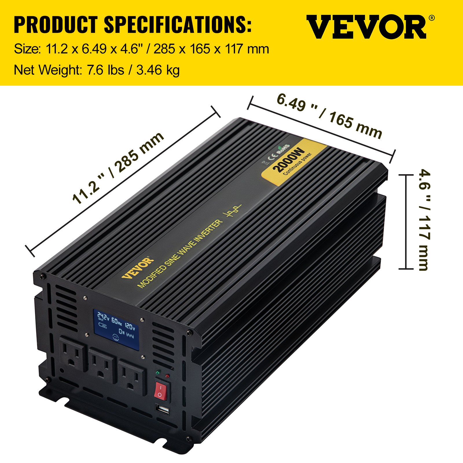 VEVOR Power Inverter, 2000W Modified Sine Wave Inverter, DC 12V to AC 120V Car Converter, with LCD Display, Remote Controller, LED Indicator, AC Outlets Inverter for Truck RV Car Boat Travel Camping
