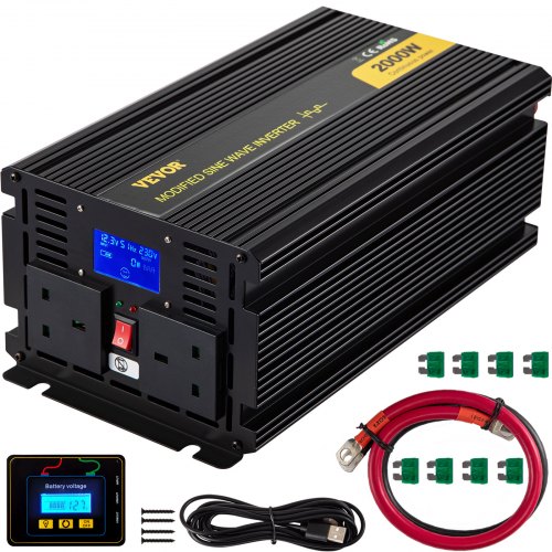VEVOR Power Inverter 2000W Modified Sine Wave Inverter DC 12V to AC 240V Car Converter with LCD Display Remote Controller LED Indicators AC Outlets Power Inverter for Car RV Truck Boat Travel Camping