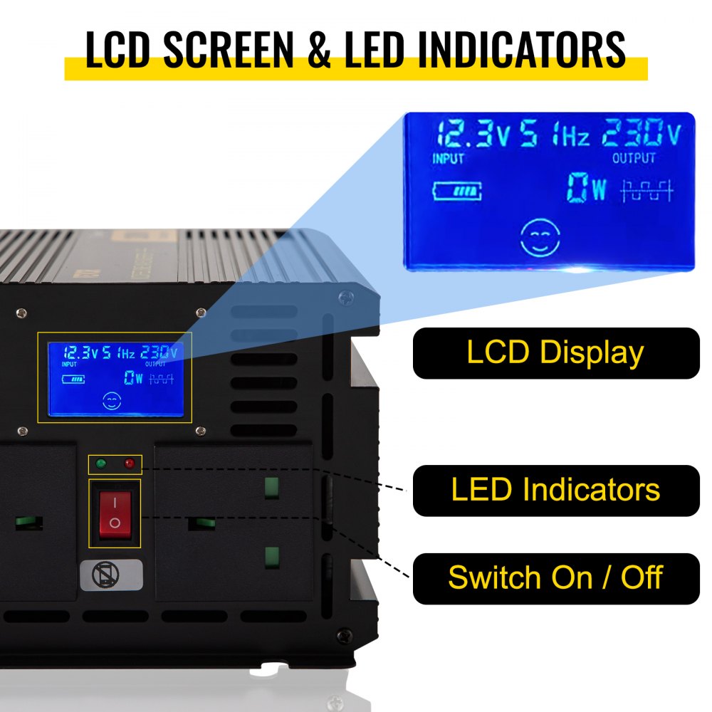 VEVOR Power Inverter 2000W Modified Sine Wave Inverter DC 12V to AC 240V Car Converter with LCD Display Remote Controller LED Indicators AC Outlets Power Inverter for Car RV Truck Boat Travel Camping