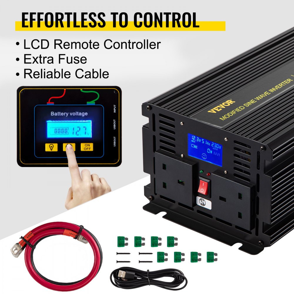VEVOR Power Inverter 2000W Modified Sine Wave Inverter DC 12V to AC 240V Car Converter with LCD Display Remote Controller LED Indicators AC Outlets Power Inverter for Car RV Truck Boat Travel Camping