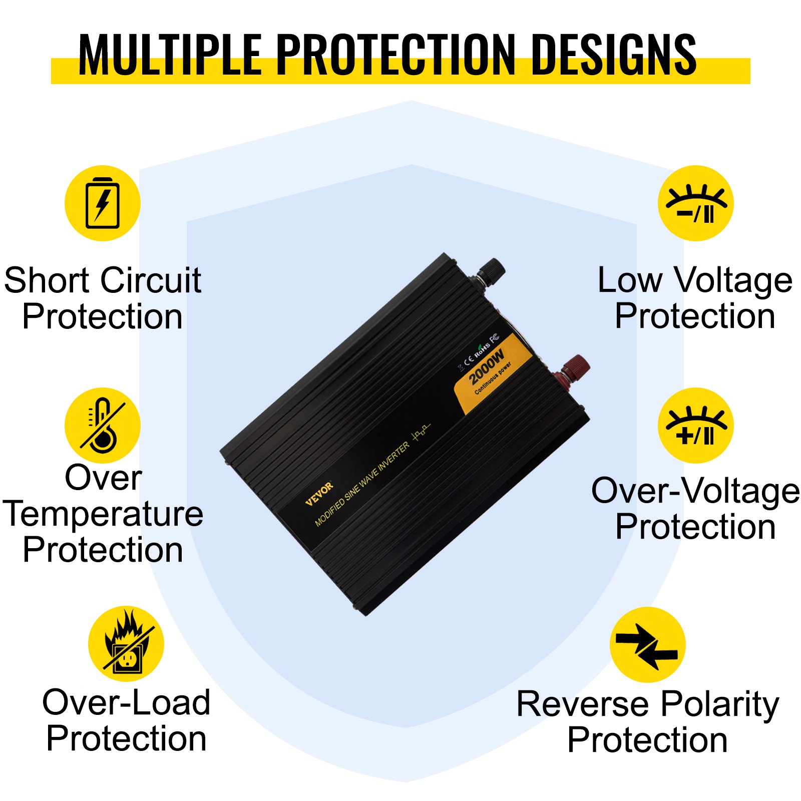 VEVOR Power Inverter 2000W Modified Sine Wave Inverter DC 12V to AC 240V Car Converter with LCD Display Remote Controller LED Indicators AC Outlets Power Inverter for Car RV Truck Boat Travel Camping