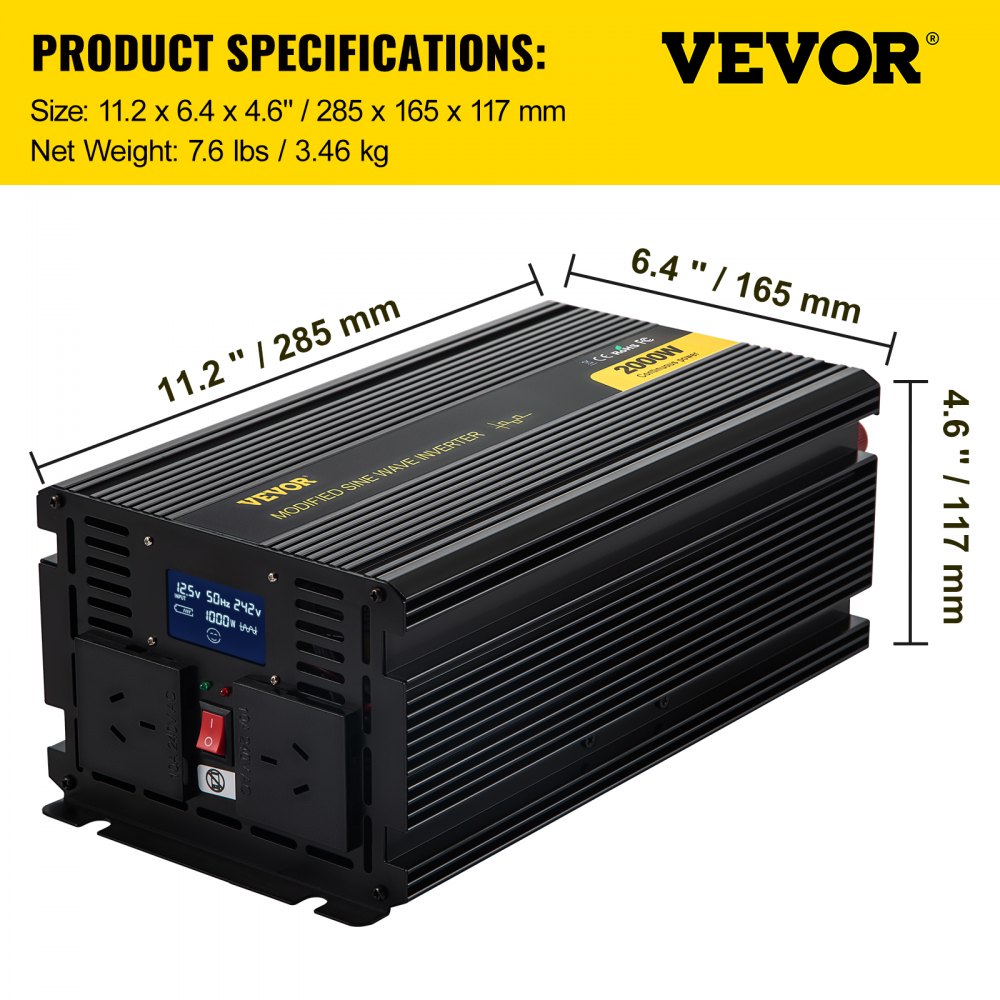 VEVOR Power Inverter 2000W Modified Sine Wave Inverter DC 12V to AC 240V Car Converter with LCD Display Remote Controller LED Indicators AC Outlets Power Inverter for Car RV Truck Boat Travel Camping