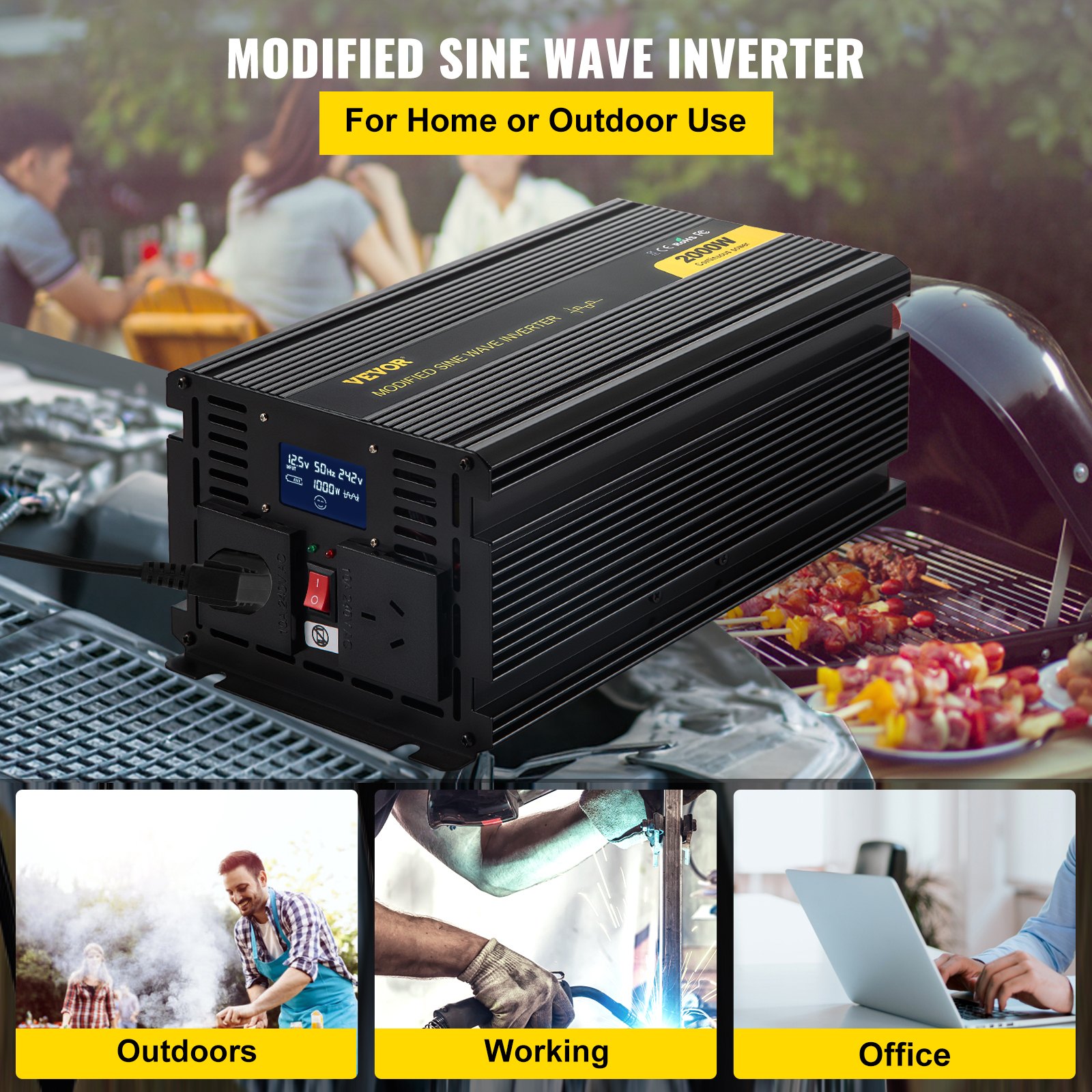 VEVOR Power Inverter 2000W Modified Sine Wave Inverter DC 12V to AC 240V Car Converter with LCD Display Remote Controller LED Indicators AC Outlets Power Inverter for Car RV Truck Boat Travel Camping