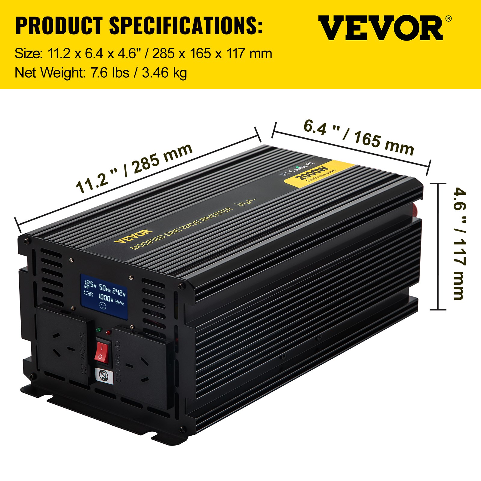 VEVOR Power Inverter 2000W Modified Sine Wave Inverter DC 12V to AC 240V Car Converter with LCD Display Remote Controller LED Indicators AC Outlets Power Inverter for Car RV Truck Boat Travel Camping