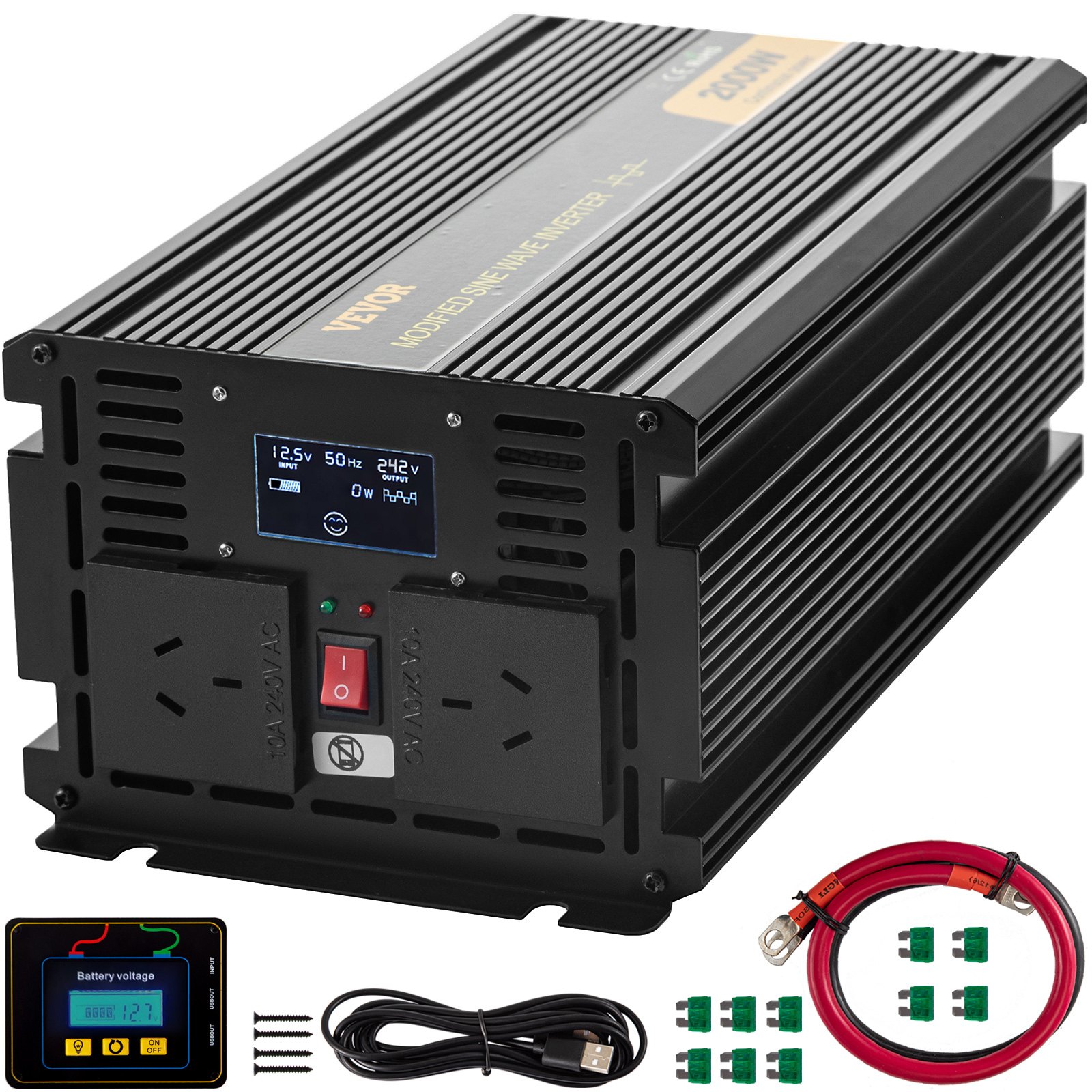 Sweiko Power Inverter Modified Sine Wave Inverter 2000W DC 12V to AC 240V w/LCD Sweiko Power Inverter Modified Sine Wave Inverter 2000W DC 12V to AC 240V w/LCD