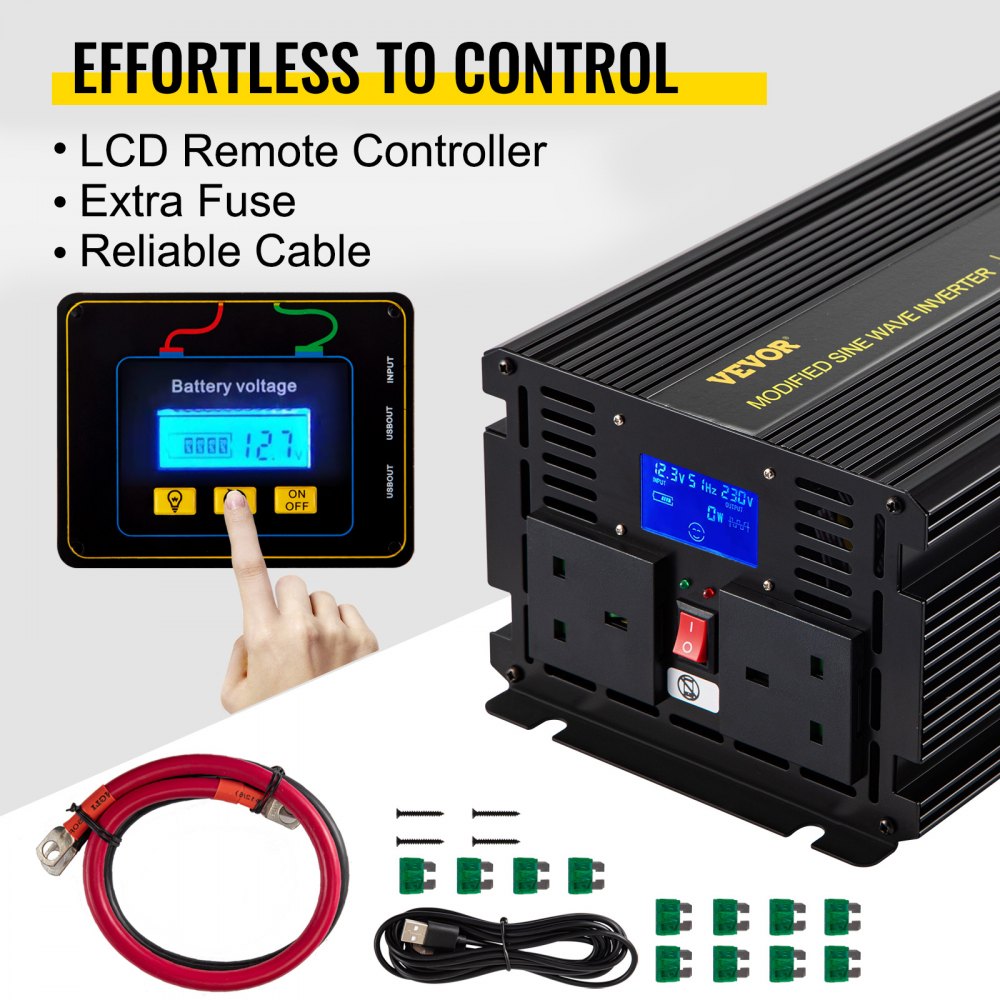VEVOR Power Inverter 3000W Modified Sine Wave Inverter DC 12V to AC 240V Car Converter with LCD Display Remote Controller LED Indicators AC Outlets Power Inverter for Car RV Truck Boat Travel Camping