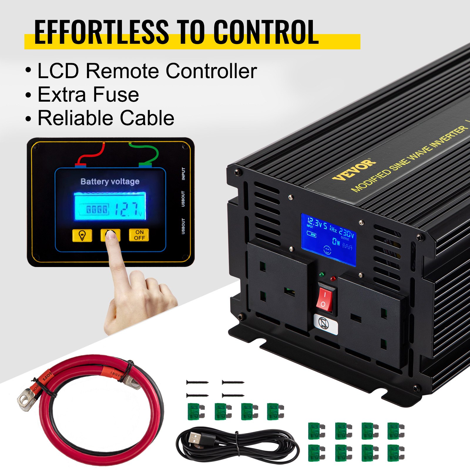 VEVOR Power Inverter 3000W Modified Sine Wave Inverter DC 12V to AC 240V Car Converter with LCD Display Remote Controller LED Indicators AC Outlets Power Inverter for Car RV Truck Boat Travel Camping