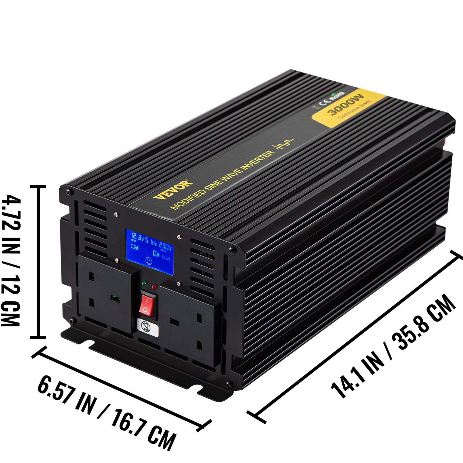 VEVOR Power Inverter 3000W Modified Sine Wave Inverter DC 12V to AC 240V Car Converter with LCD Display Remote Controller LED Indicators AC Outlets Power Inverter for Car RV Truck Boat Travel Camping