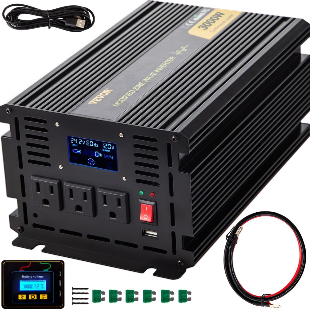 VEVOR 3000w power inverter with three ac outlets, usb port, cables, and display screen.