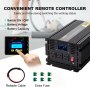 VEVOR 3000w power inverter with remote controller, reliable cable, and extra fuses.