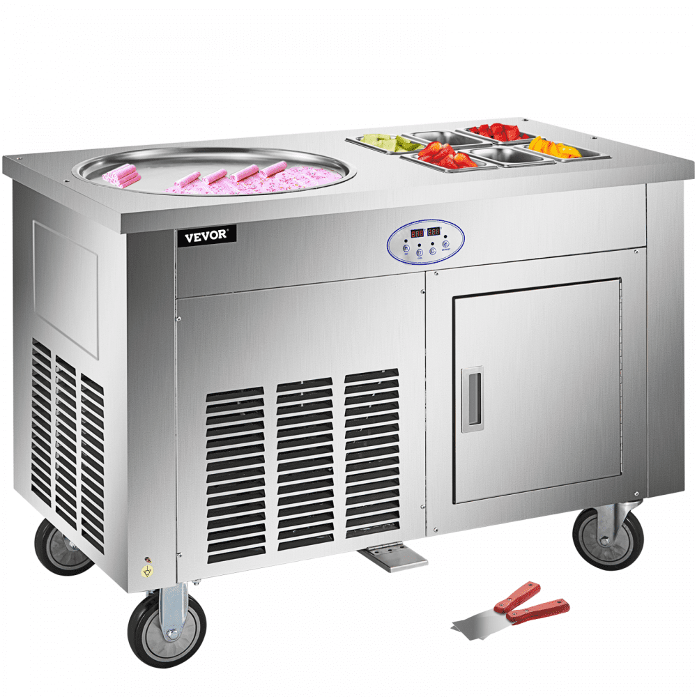 VEVOR Commercial Rolled Ice Cream Machine, Stir-Fried Ice Roll Machine Single Pan, Stainless Steel Ice Cream Roll Maker Refrigerated Cabinet 6 Boxes, Roll Ice Cream Machine for Bar Café Dessert Shop