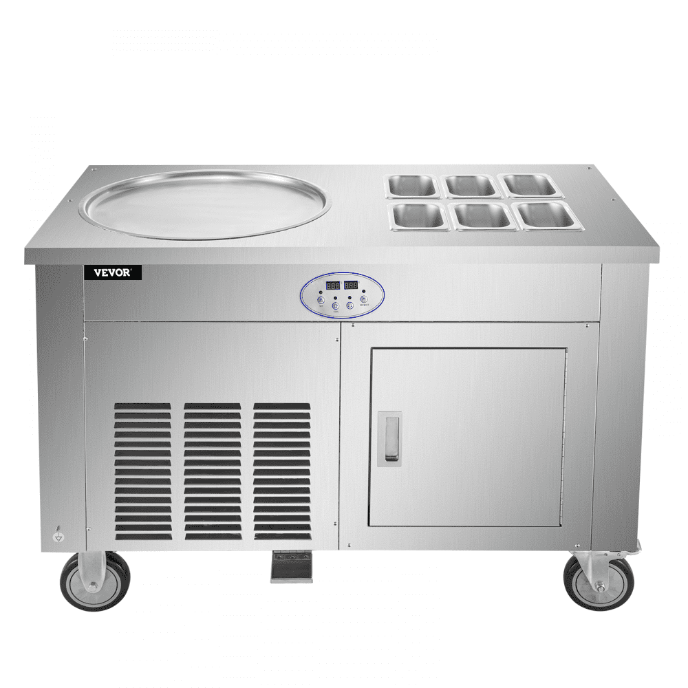 VEVOR Commercial Rolled Ice Cream Machine, Stir-Fried Ice Roll Machine Single Pan, Stainless Steel Ice Cream Roll Maker Refrigerated Cabinet 6 Boxes, Roll Ice Cream Machine for Bar Café Dessert Shop