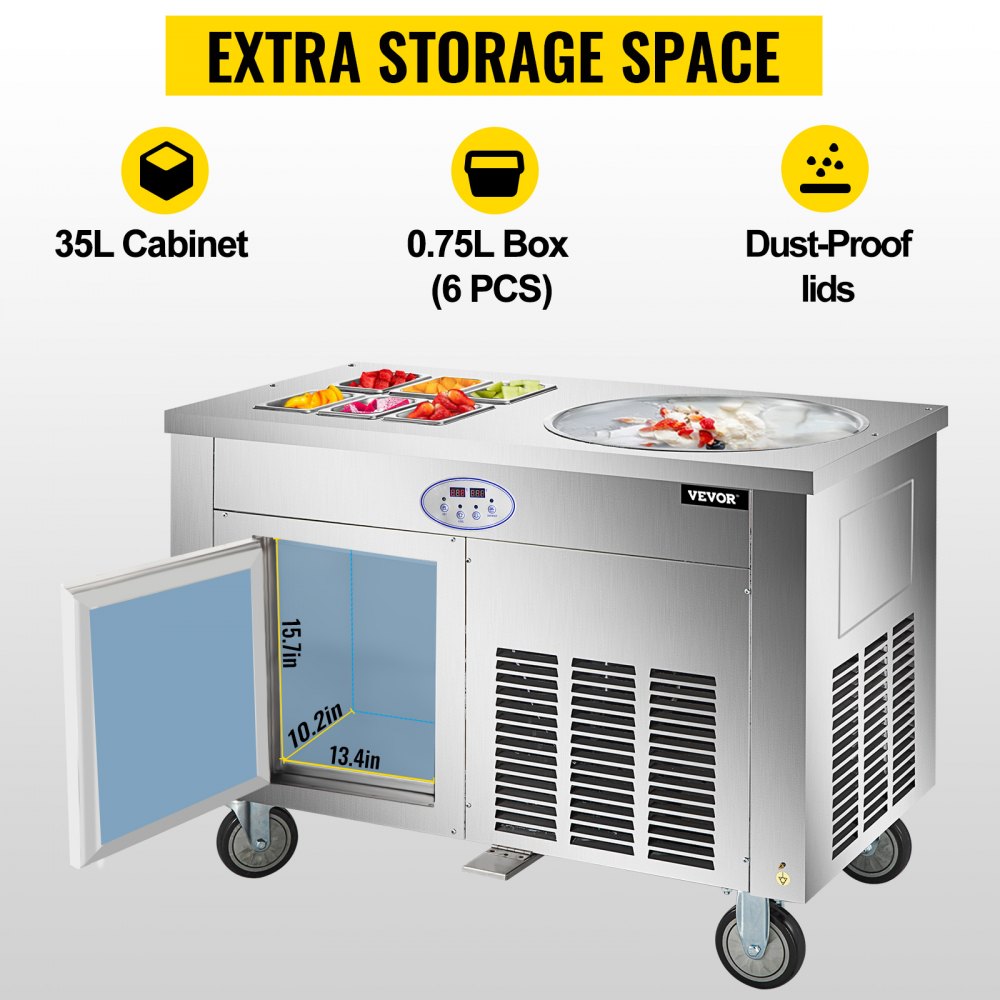 VEVOR Commercial Rolled Ice Cream Machine, Stir-Fried Ice Roll Machine Single Pan, Stainless Steel Ice Cream Roll Maker Refrigerated Cabinet 6 Boxes, Roll Ice Cream Machine for Bar Café Dessert Shop