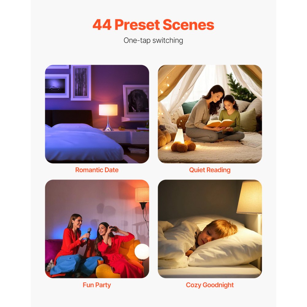 VEVOR Smart Light Bulbs, A19 E26 Smart Bulb That Work with Alexa & Google Assistant, WIFI & Bluetooth LED Light Bulbs with RGB Color Changing, 44 Preset Scenes, Music Sync, No Hub Required, 4 Pack
