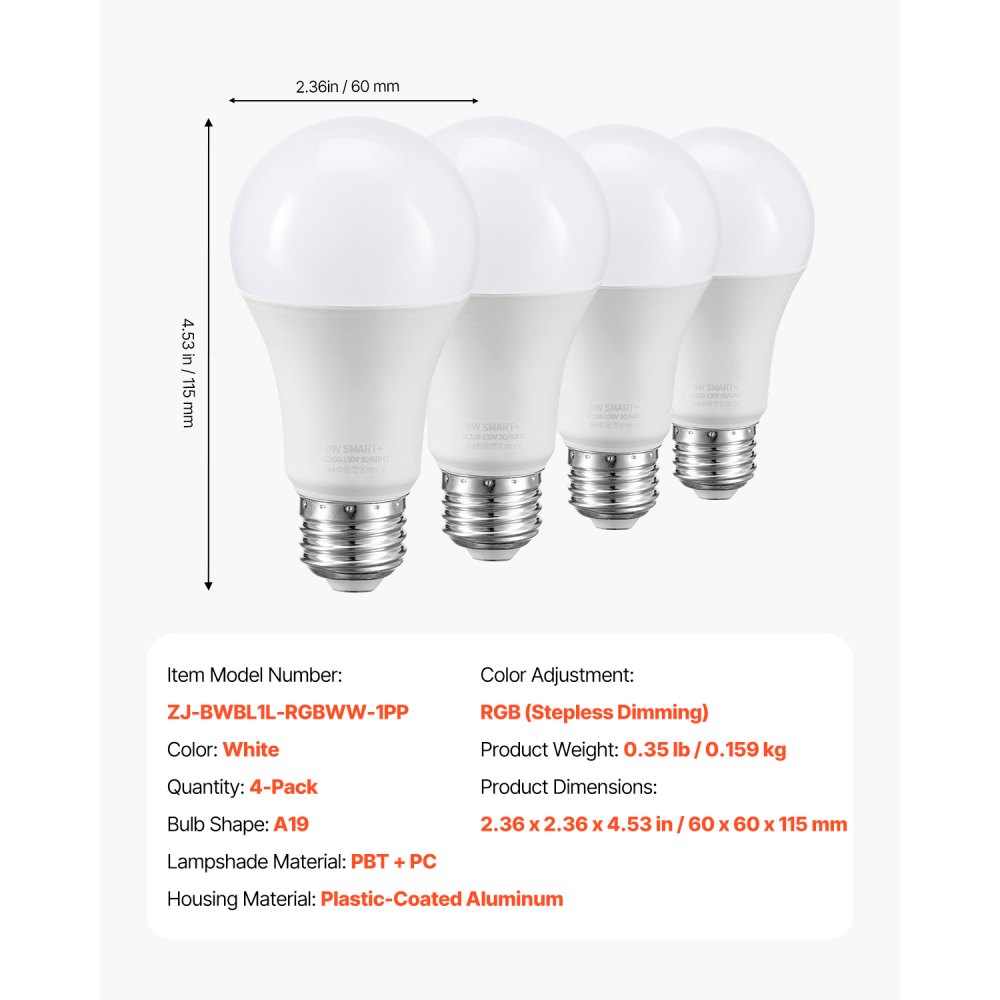 VEVOR Smart Light Bulbs, A19 E26 Smart Bulb That Work with Alexa & Google Assistant, WIFI & Bluetooth LED Light Bulbs with RGB Color Changing, 44 Preset Scenes, Music Sync, No Hub Required, 4 Pack