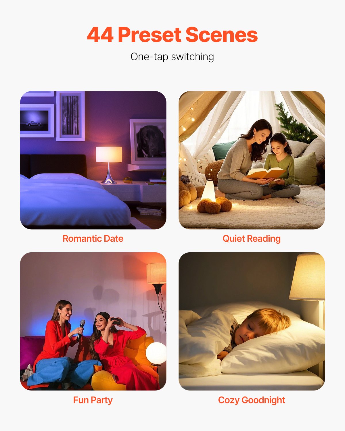 VEVOR Smart Light Bulbs, A19 E26 Smart Bulb That Work with Alexa & Google Assistant, WIFI & Bluetooth LED Light Bulbs with RGB Color Changing, 44 Preset Scenes, Music Sync, No Hub Required, 4 Pack