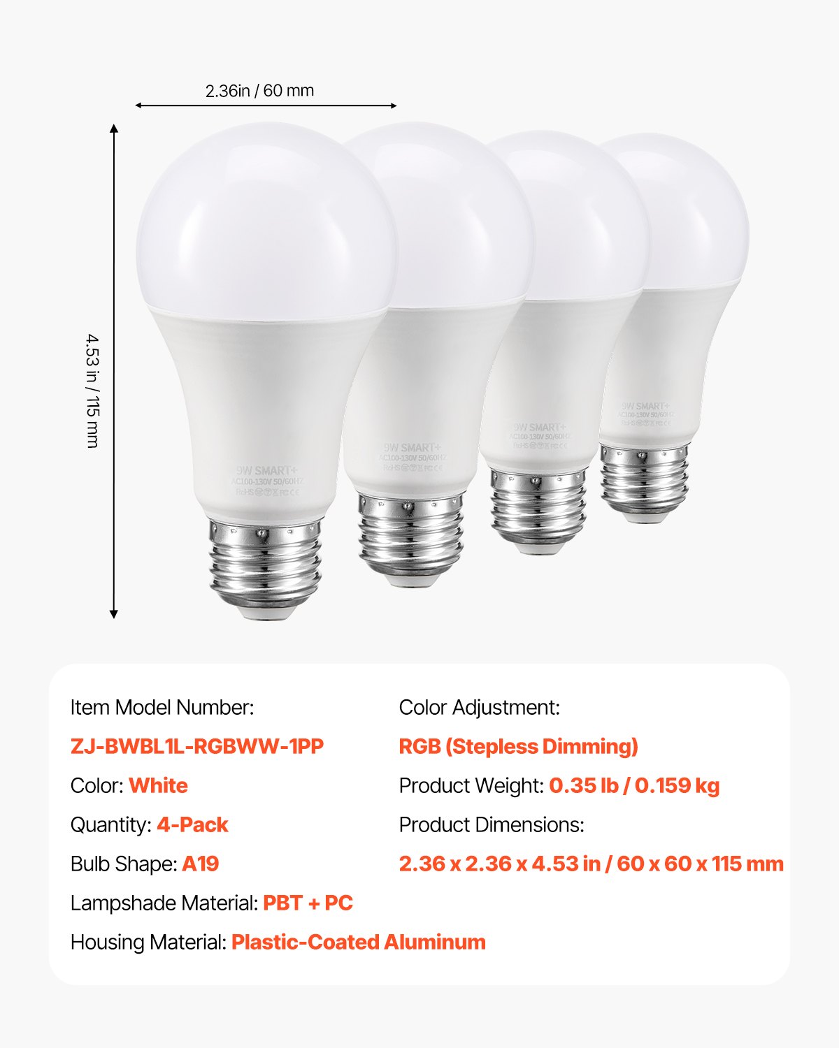 VEVOR Smart Light Bulbs, A19 E26 Smart Bulb That Work with Alexa & Google Assistant, WIFI & Bluetooth LED Light Bulbs with RGB Color Changing, 44 Preset Scenes, Music Sync, No Hub Required, 4 Pack