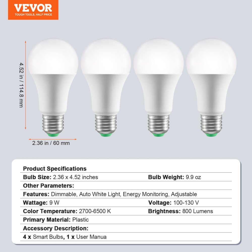 VEVOR Smart Light Bulbs, 4-Pack, 9W Multicolor LED Bulbs, 800 Lumens with Smart Control Compatibility for Vera, Google Assistant, Amazon Alexa, iOS, Android, RGB Color Changing
