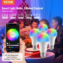 VEVOR Smart Light Bulbs, 4-Pack, 9W Multicolor LED Bulbs, 800 Lumens with Smart Control Compatibility for Vera, Google Assistant, Amazon Alexa, iOS, Android, RGB Color Changing