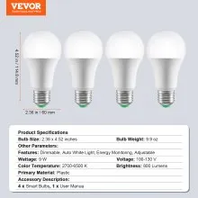 VEVOR Smart Light Bulbs, 4-Pack, 9W Multicolor LED Bulbs, 800 Lumens with Smart Control Compatibility for Vera, Google Assistant, Amazon Alexa, iOS, Android, RGB Color Changing