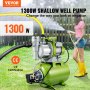 VEVOR Shallow Well Pumpe med tryktank, 1300W 230V, 4200L/h 50 m Hoved 5 bar, bærbare automatiske vandbooster-jetpumper i rustfrit stål m/ forfilter til vanding af plæner i hjemmet, vandoverførsel