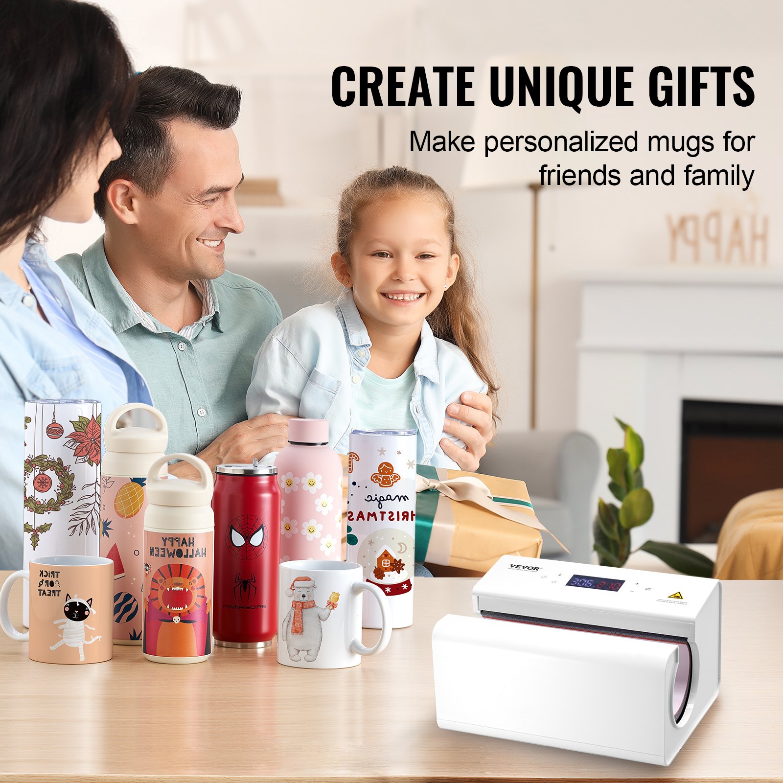 VEVOR Auto Tumbler Heat Press Machine, Mug Heat Press for 11-30oz Sublimation Tumblers, Heat Up Fast and Even, Tumbler Press with Tape and Glove, Temp and Time Setting, for Tumblers, Cups, Mugs, White